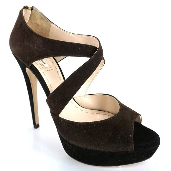 Miu Miu Two Tone Suede Strappy Caged Platform Heel Sandals - Picture 1 of 10